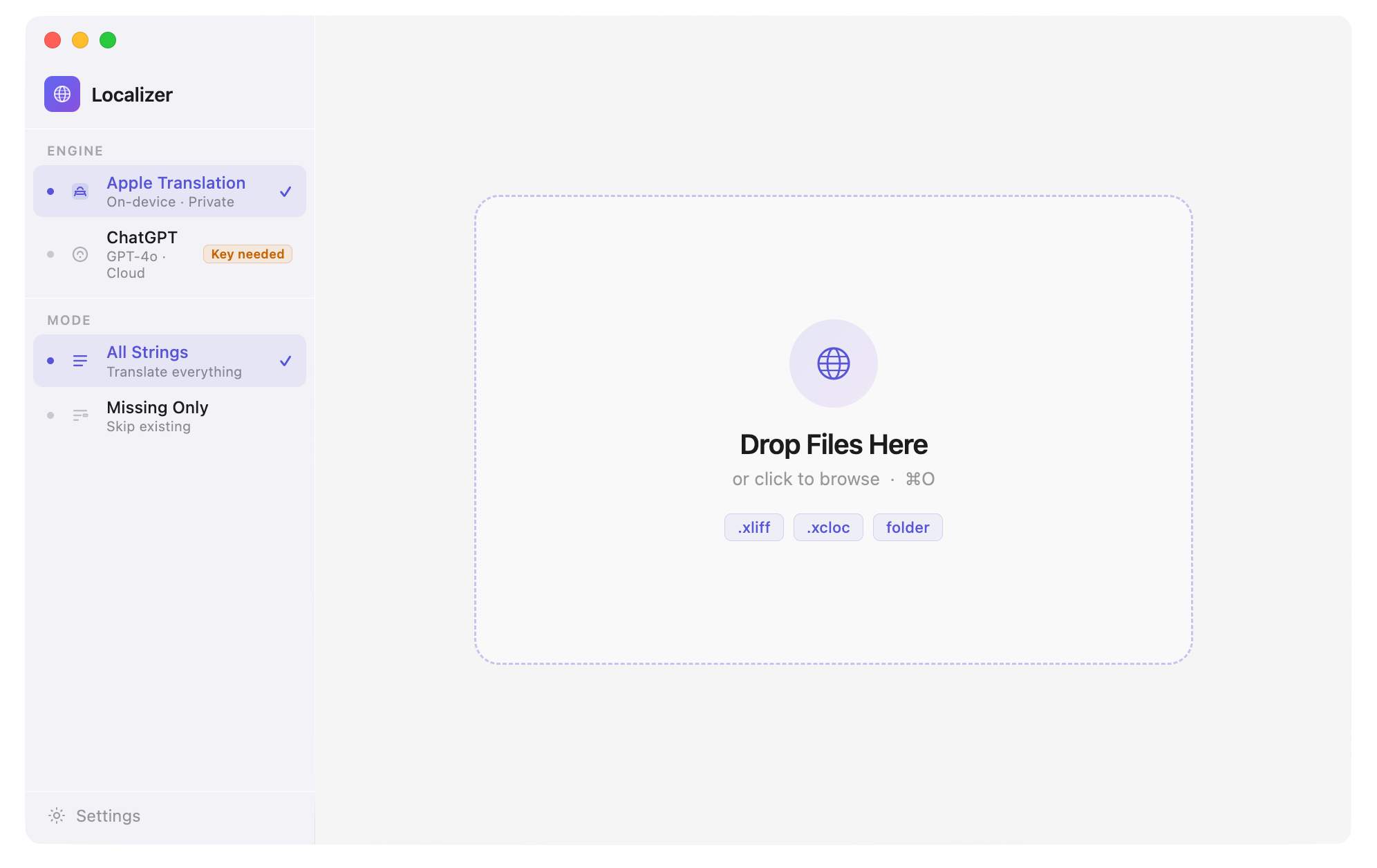 Xcode Localization Translator drag and drop interface on macOS