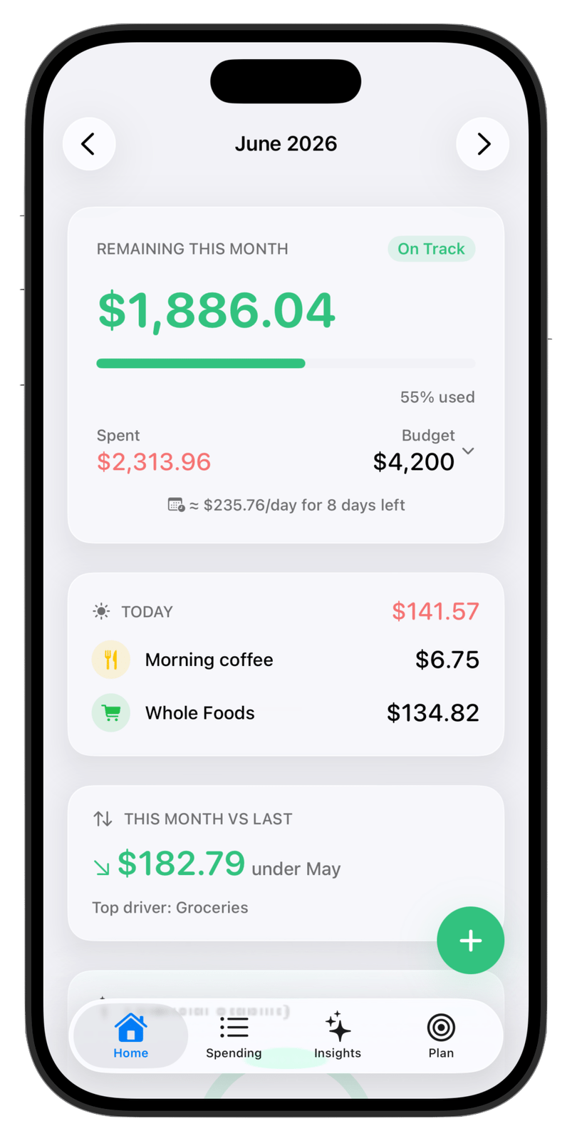 CalmLedger — four-tab dashboard with day-grouped expense feed and remaining-this-month hero