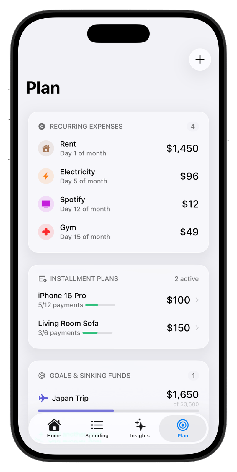 CalmLedger Plan tab showing recurring expenses, installment plans, and a savings goal on iPhone