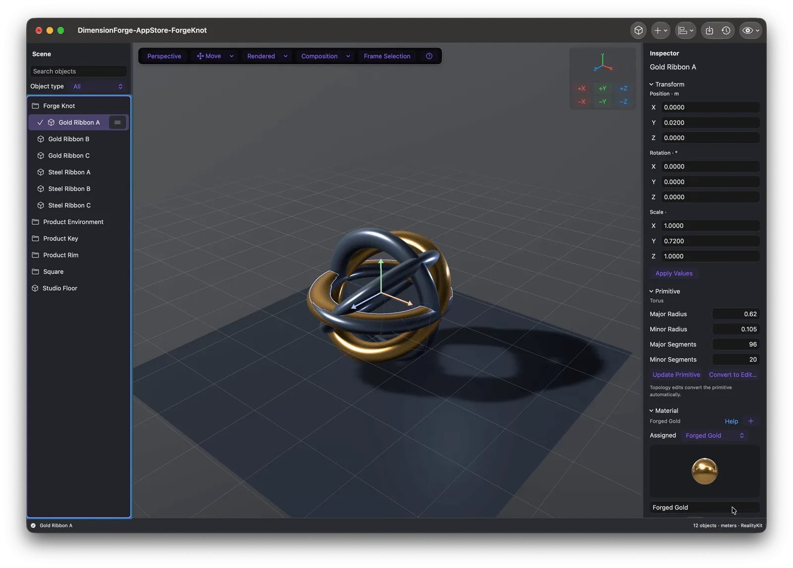 DimensionForge Rendered mode showing the selected gold torus and steel ribbons with material controls
