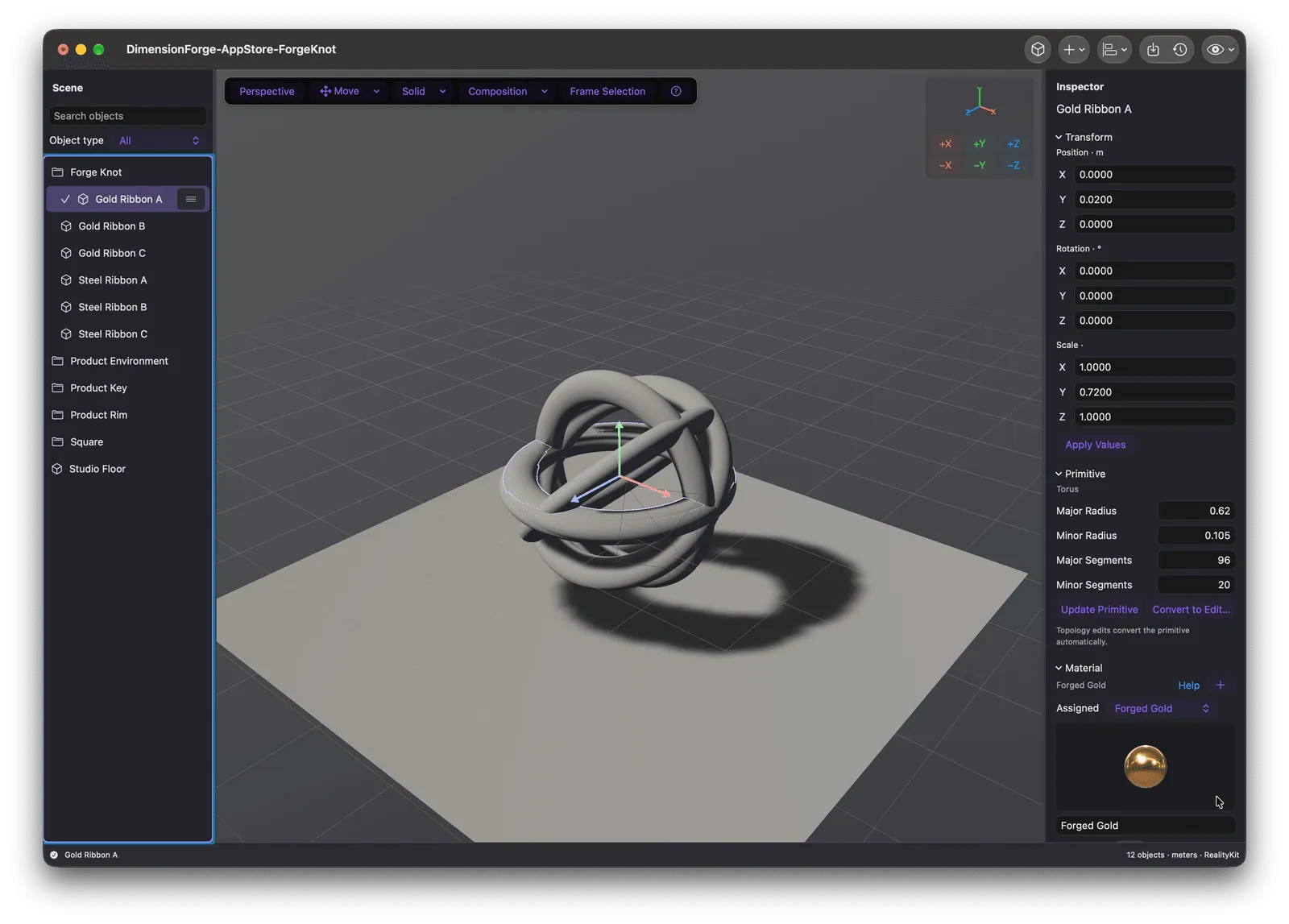 DimensionForge Solid mode with a selected torus primitive, transform values, and primitive parameters