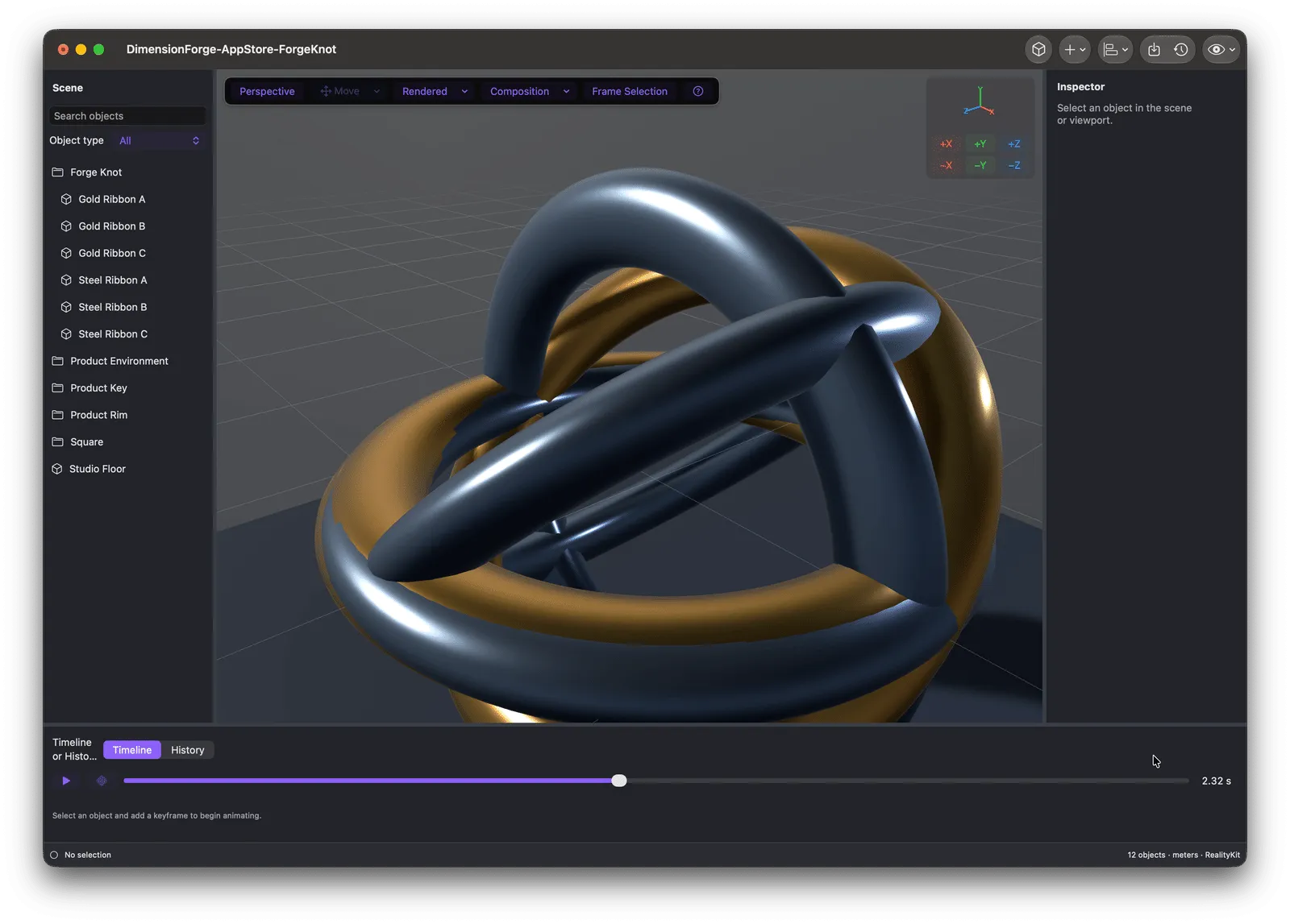Close rendered view of a DimensionForge gold and steel ribbon asset in the 3D workspace