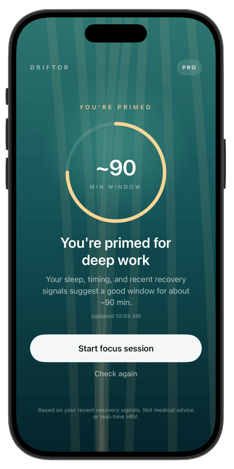 Driftor Primed screen showing an estimated 90-minute deep-work window