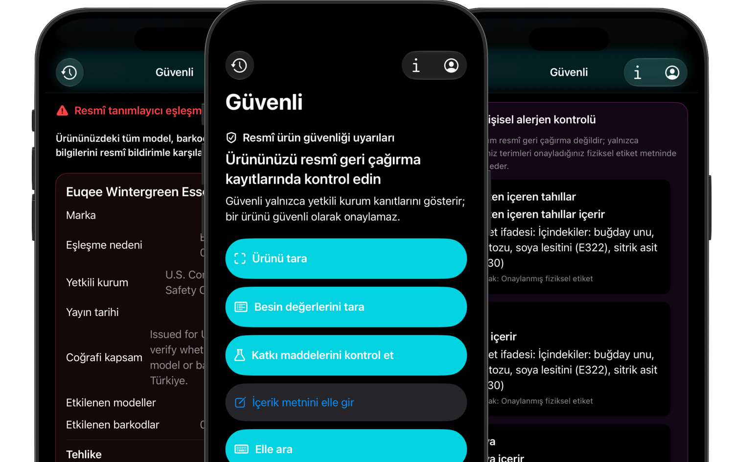Güvenli uygulamasında resmî eşleşme, ana ekran ve alerjen kanıtı