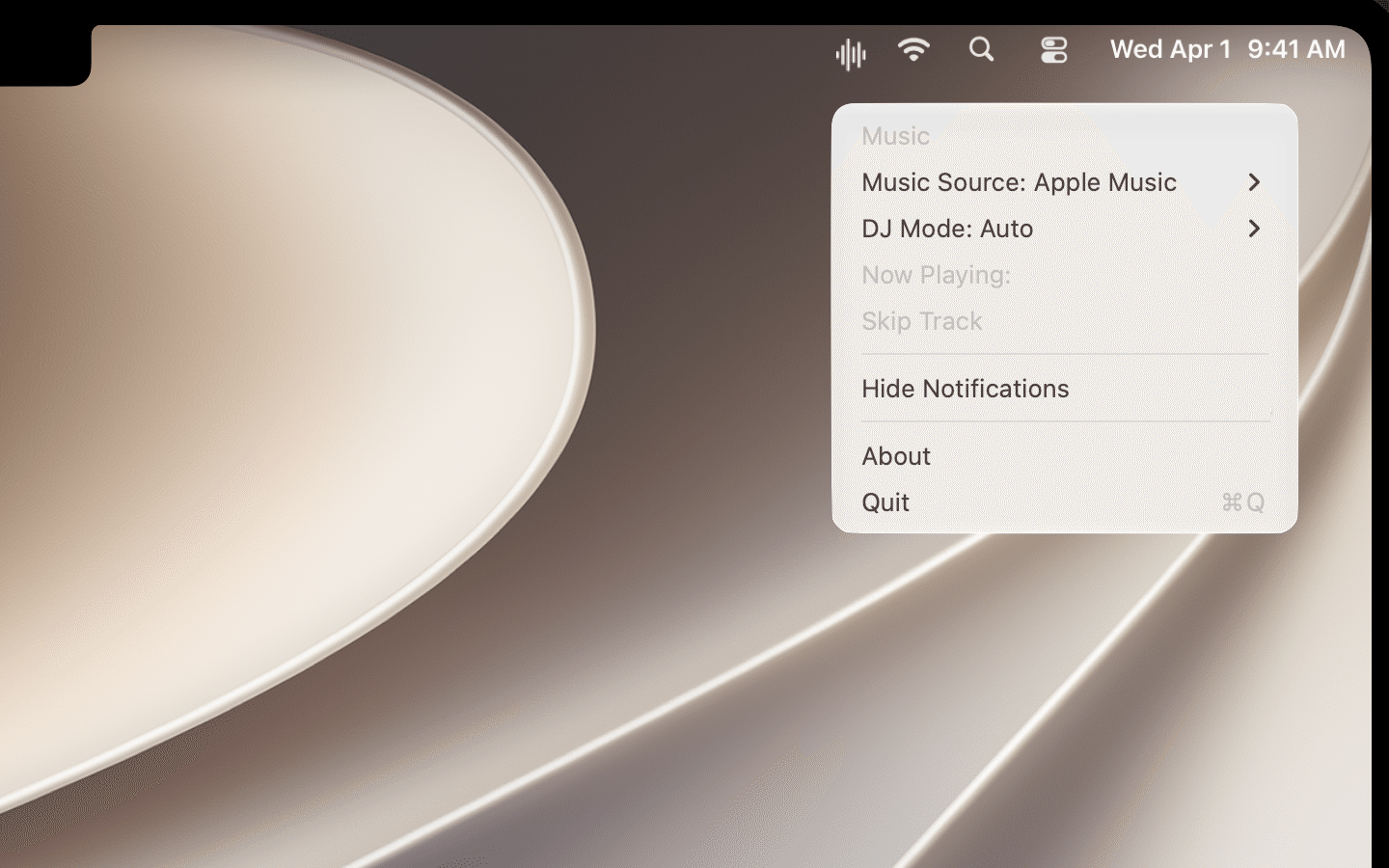 MyLiveDJ menu showing Apple Music as the source, Auto DJ mode, playback controls, and notification settings