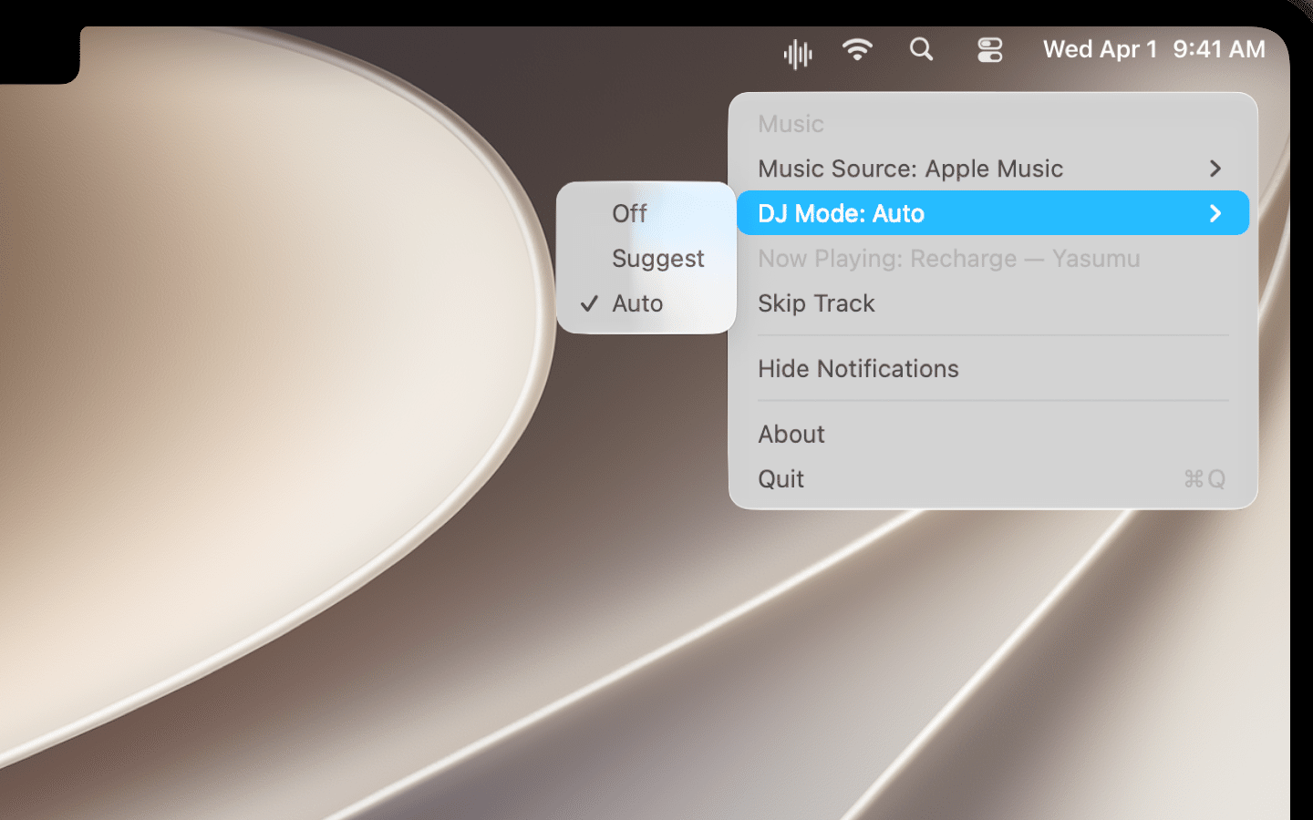 MyLiveDJ mode selector showing Off, Suggest, and Auto with Auto selected