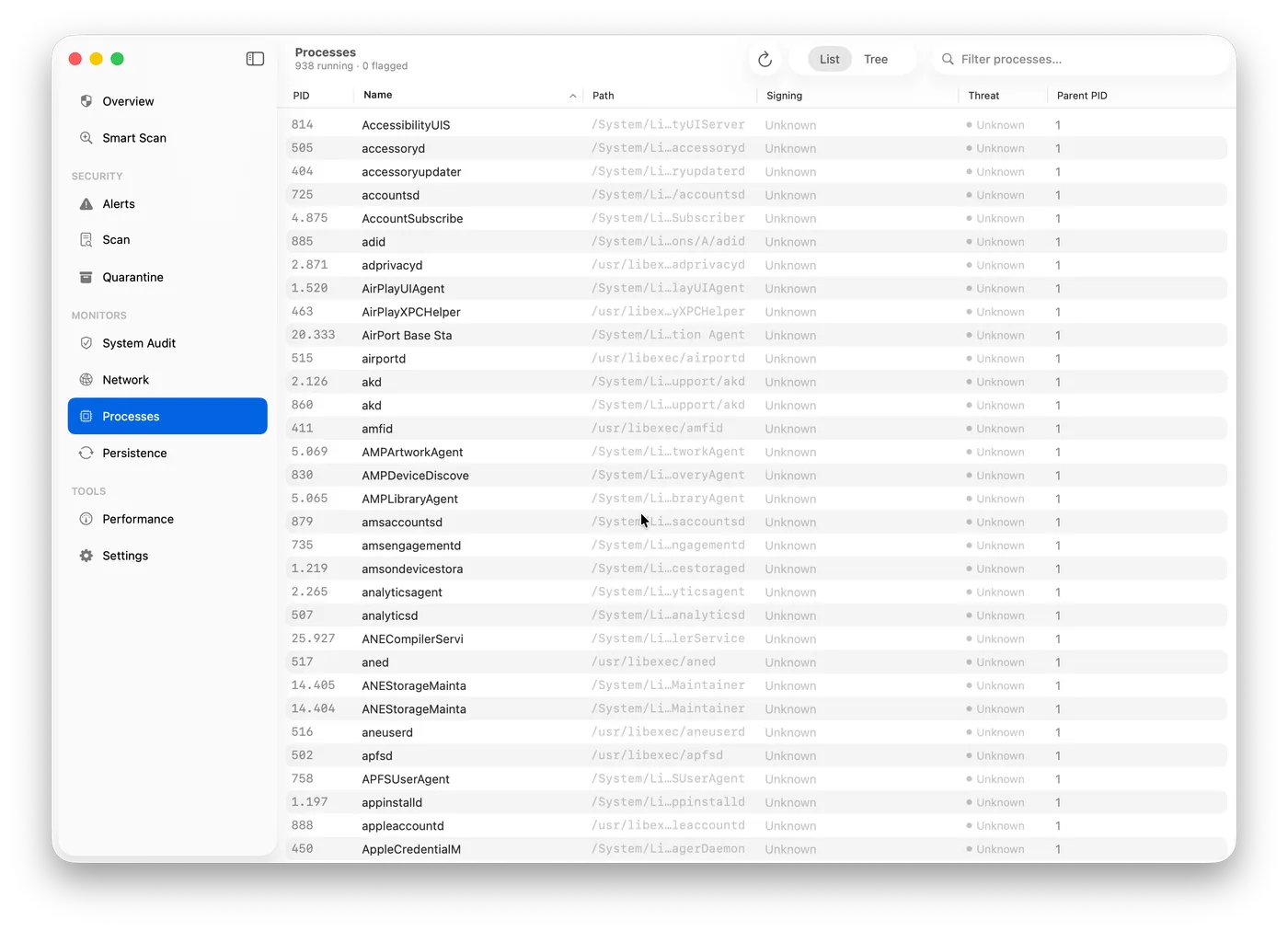 Nick Process Auditor — running processes with signing status and threat level