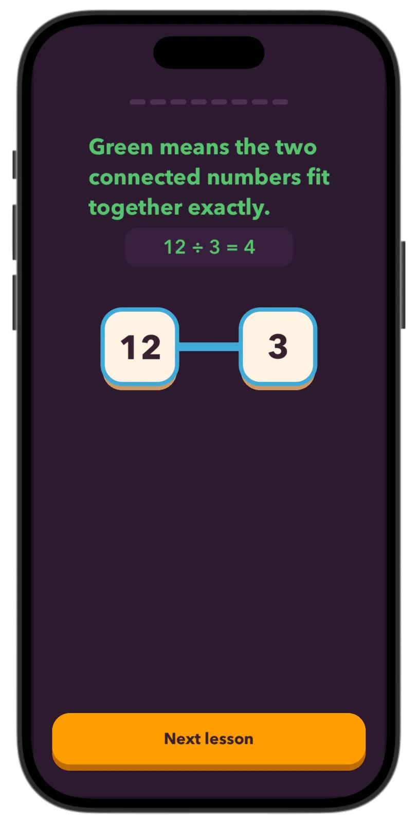 Number Network lesson showing a valid green connection between 12 and 3