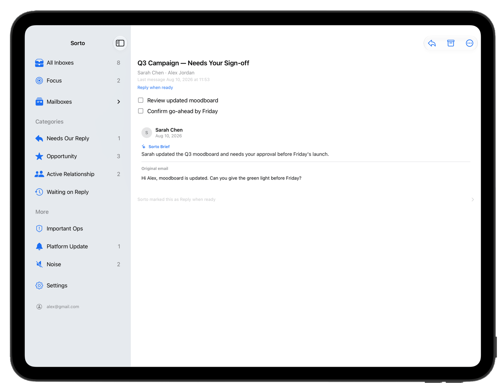 Sorto message detail showing the original email, a concise Sorto Brief, and action items
