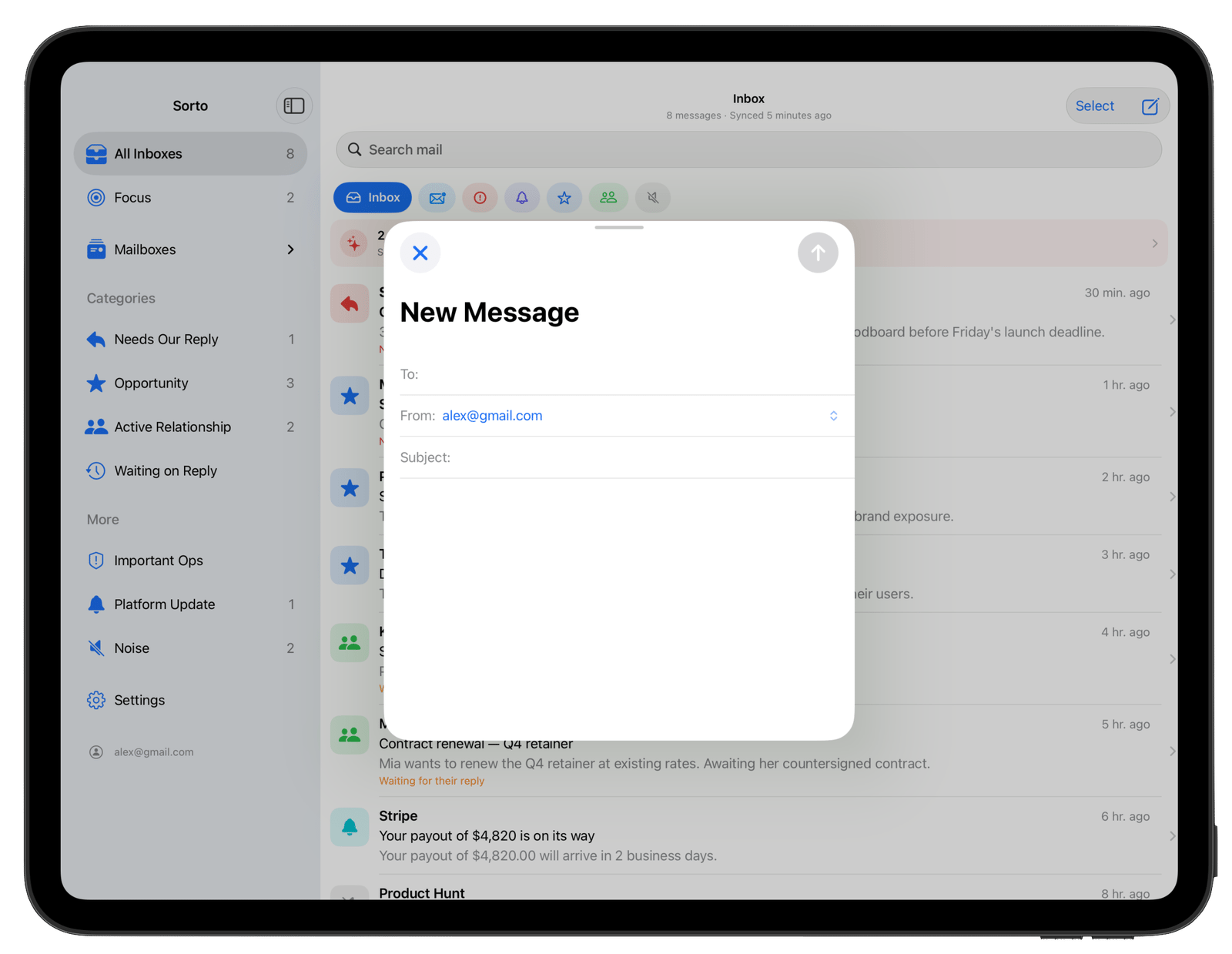 Sorto new-message composer with a visible sending account selector