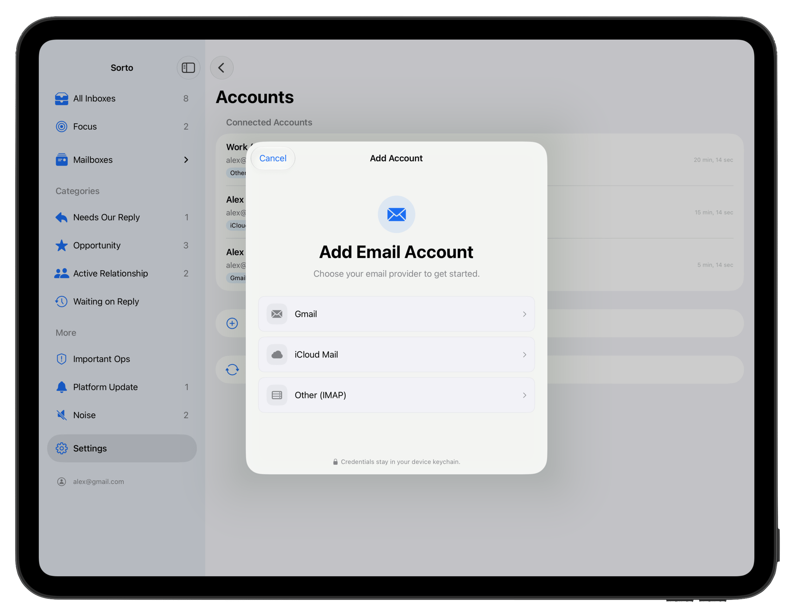 Sorto account setup offering Gmail, iCloud Mail, and other compatible IMAP accounts